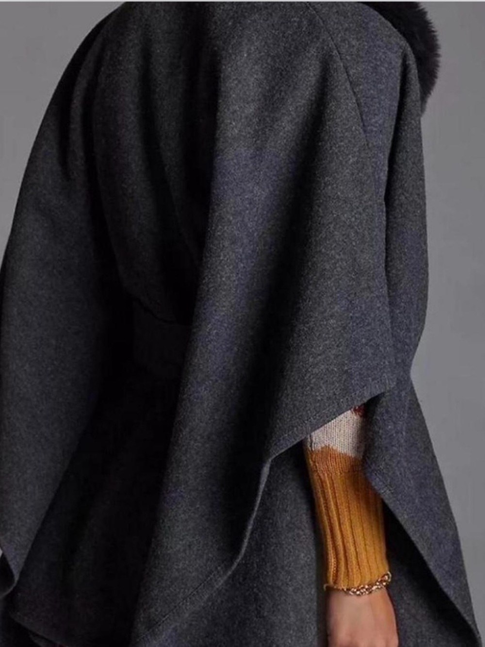 Dark Charcoal Wool Wrap Cape Jacket with Faux Fur Collar - Picture 2 of 6